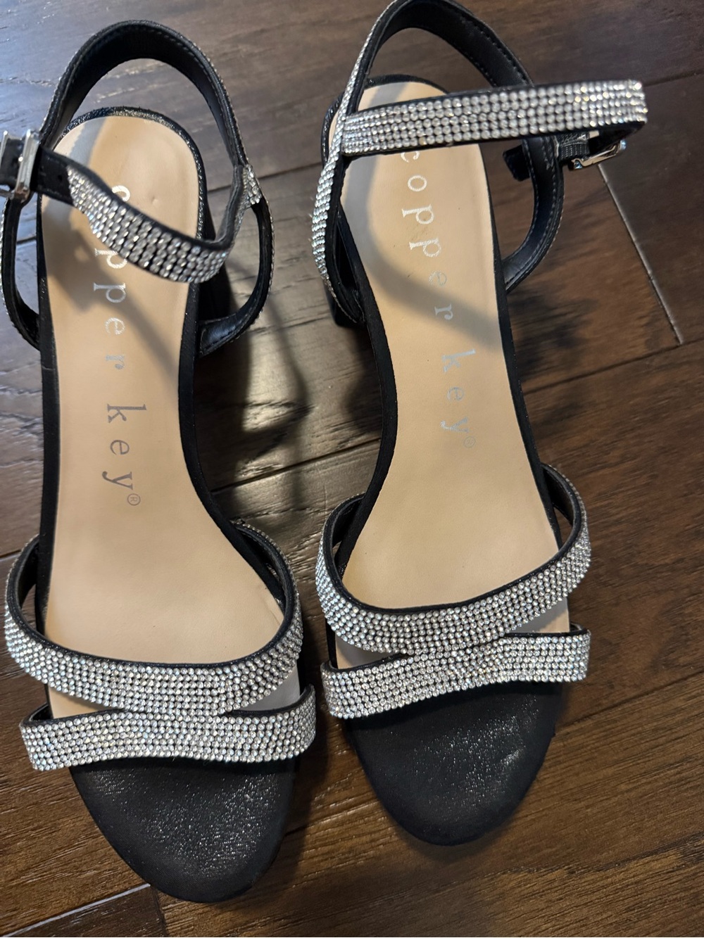 Copper Key Black Rhinestone-Strap Heeled Sandals